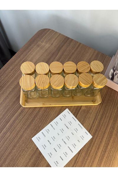 Mesa İstanbul Set of 12 Square Glass Spice Rack with Bamboo Lid ~ 16 Labels