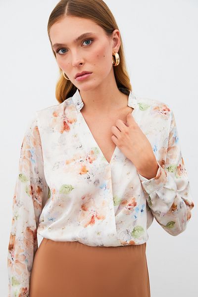 Sateen Patterned Double Breasted Blouse - Mink