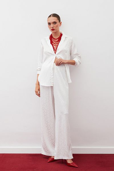 Sateen Patterned Trousers with Elastic Waist - Ecru