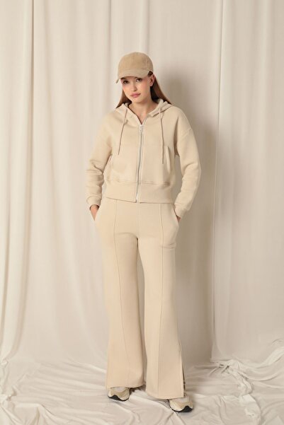 Store Three Thread Zipper Hooded Short Beige Sweat