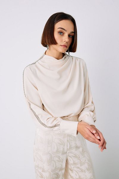 Sateen Beige Color Blouse with Shoulder Accessories