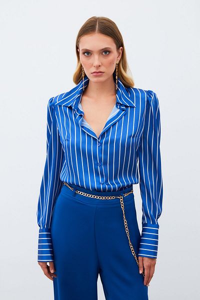 Sateen Padded Striped Shirt - Sax Blue