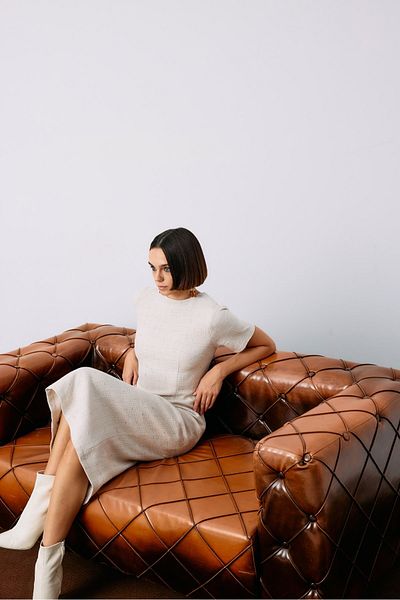 Sateen Beige Silvery Short Sleeve Dress