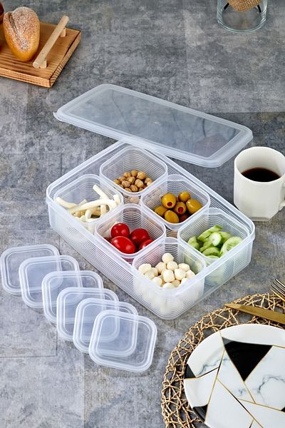 Carat Home Striped Vacuum Breakfast Set of 6 Square Trays and Divided Lids
