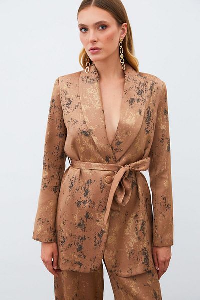 Sateen Shiny Patterned Belted Long Jacket - Brown