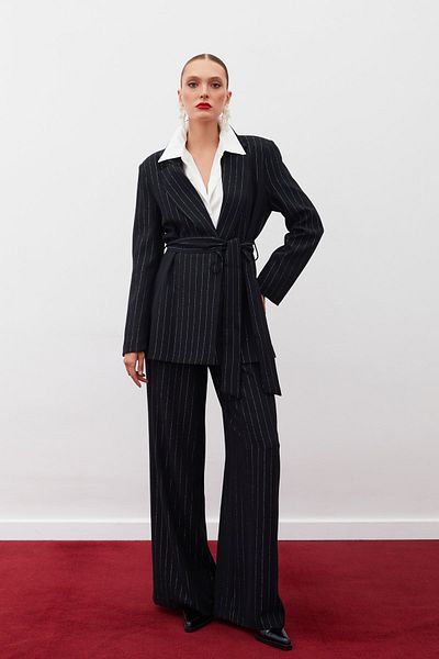 Sateen Glitter Striped Trousers - Black Striped