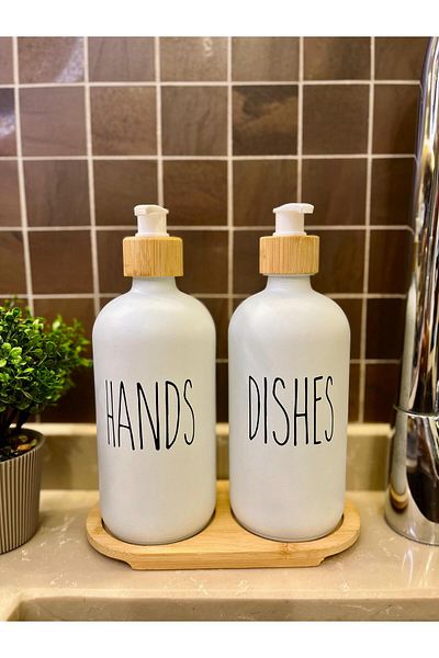 Levn Home Lotion Σετ 2 Λευκών Διανομέων Υγρού Σαπουνιού Κουζίνας 500ml+ 500ml με Δίσκο Μπαμπού