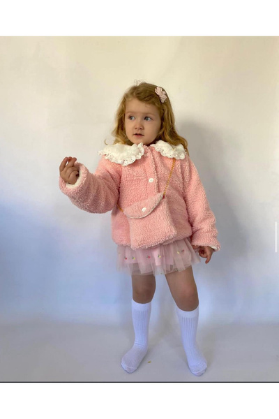 MiNİKLERSTORE Kız Çocuk Kürk Yaka Çanta Peluş Mont