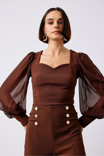 Sateen Καφέ Crop Μπλούζα - Μπαλόνι μανίκι