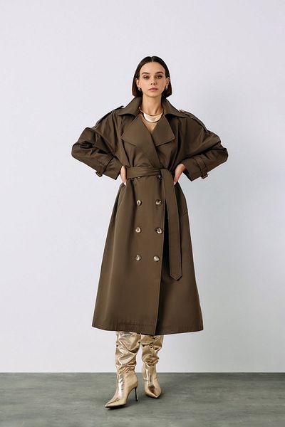 Sateen Belted Long Trench - Khaki