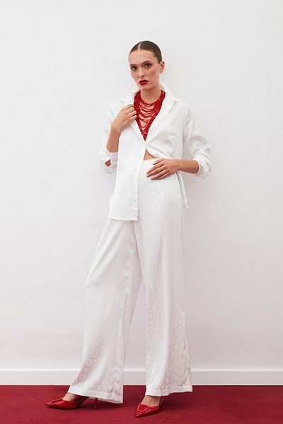 Sateen Patterned Trousers with Elastic Waist - Ecru