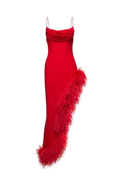 BAMOR Red Otrish Maxi Dress with Slit Feather Detail