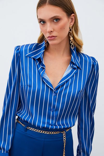 Sateen Padded Striped Shirt - Sax Blue