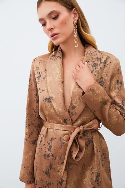 Sateen Shiny Patterned Belted Long Jacket - Brown