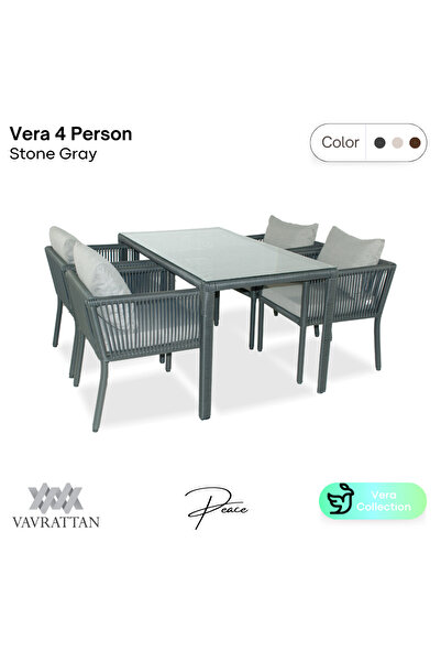 VAVRATTAN Vera Rattan Bahçe Balkon 4 Kişilik Yemek Takımı-taş Gri