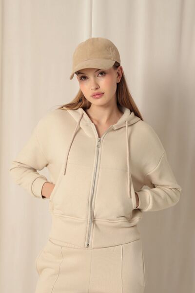 Store Three Thread Zipper Hooded Short Beige Sweat