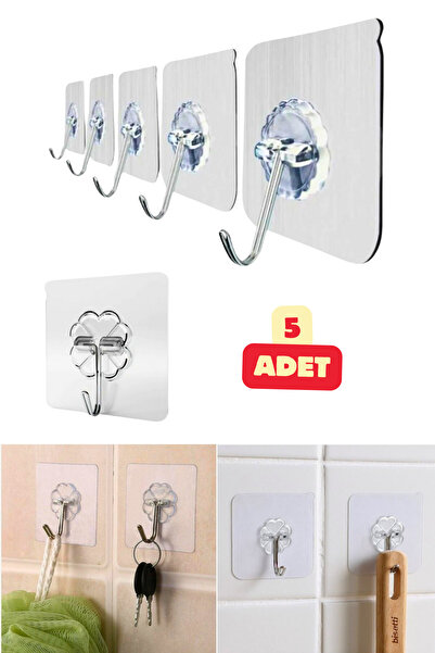Vekorr 5 Adet Yapışkanlı Şeffaf Çok Amaçlı Kancalı Suya Dayanıklı Askı Seti M...