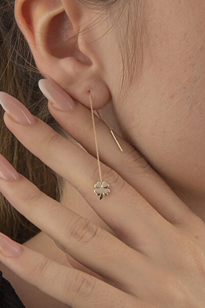 Fiyonk Kuyumculuk 14 Ayar Altın Zincirli Yonca Küpe