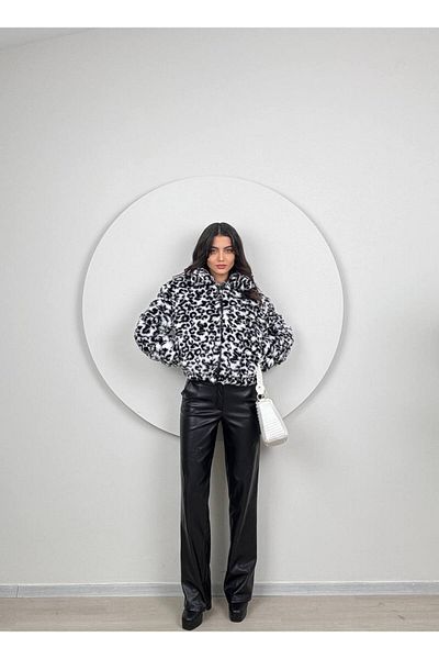 GİZONLY Leopard Patterned Plush Coat with Zipper