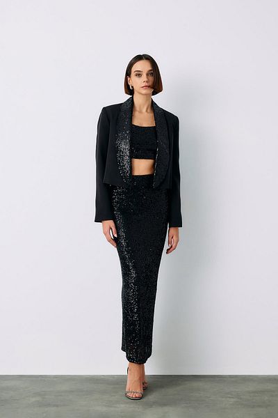 Sateen Sequined Midi Skirt - Black