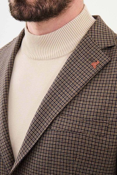 Mcr Checkered Slim Fit Mono Collar Men's Jacket Brown - 41413.24K