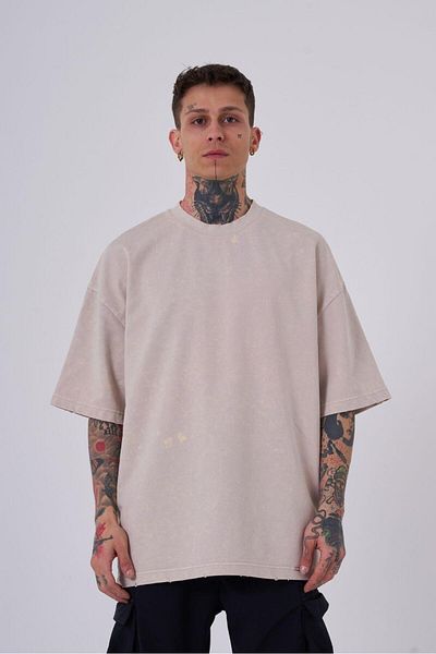 Machinist Ανδρικό μπλουζάκι με κρυφό μπάλωμα Oversize ανοιχτό μπεζ με κηλίδες