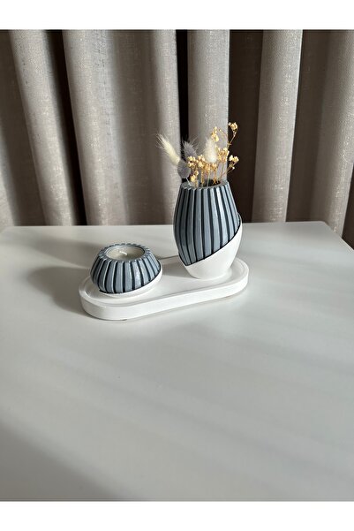 shop Dekoratif 3’li Set,Oval Tabak,Gri Beyaz Vazo,Gri Beyaz Mumluk