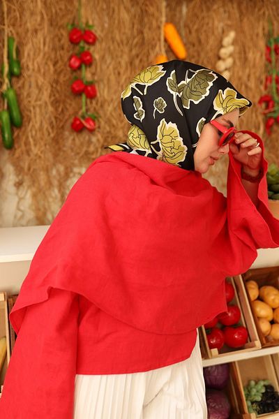 Silk Home Eșarfă de mătase Tivil cu model de frunze negre și verzi-11440-19-KVS0442