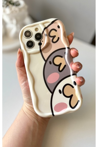 MİRAZ TASARIM iPhone 14 Promax Cute Bird Patterned Ecru Case