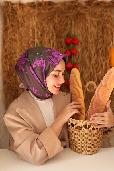 Silk Home وشاح حريري تيفيل بطبعة زهور أرجوانية مدخنة-11441-33-KVS0426