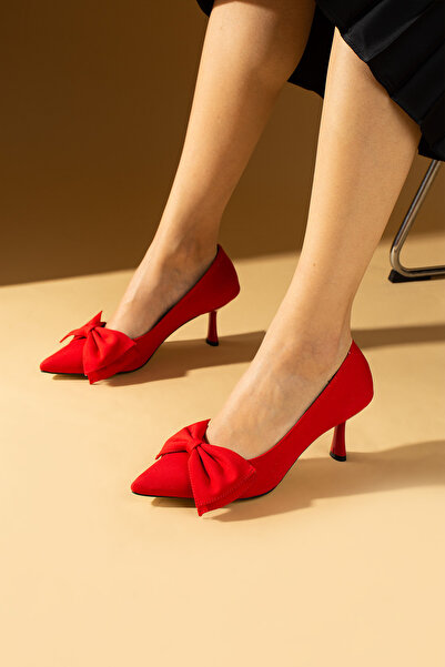 Pembe Potin Red Satin Bow Low Heel Graduation Office Classic Heeled Stiletto Shoes