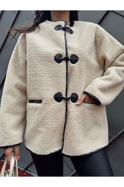 La Querta Women's Beige Premium Design Hooked Plush Coat Lq