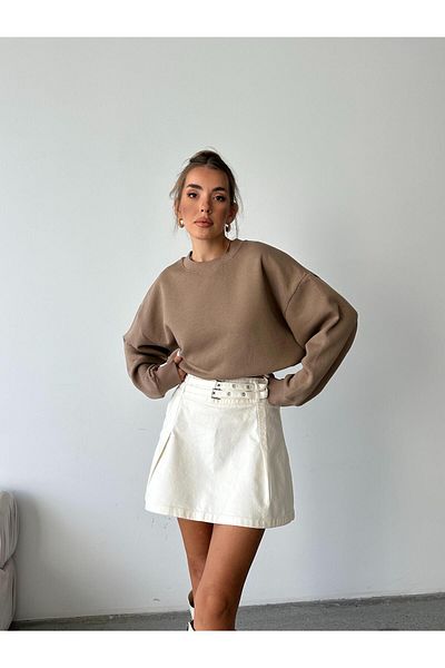 mydukkan.co Fusta din denim plisată de culoare crem