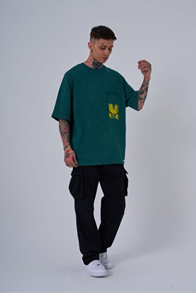 Machinist Ανδρικό μπλουζάκι με λογότυπο M Washed Oversize Petrol Green Cloudy