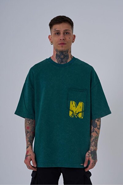 Machinist Ανδρικό μπλουζάκι με λογότυπο M Washed Oversize Petrol Green Cloudy