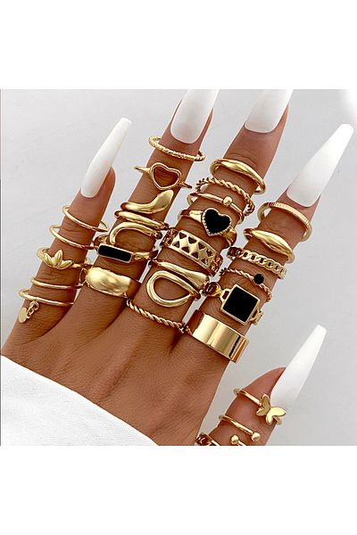 Choice Cs5645301hbjc2 مجموعة خواتم كلاسيكية على شكل قلب وأفعى وفراشة، مكونة من 27 قطعة، مطلية بالذهب، بتصميم هندسي للنساء