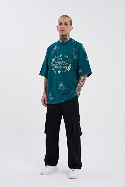 Machinist Ανδρικό μπλουζάκι Petrol Green Oversize Flowers