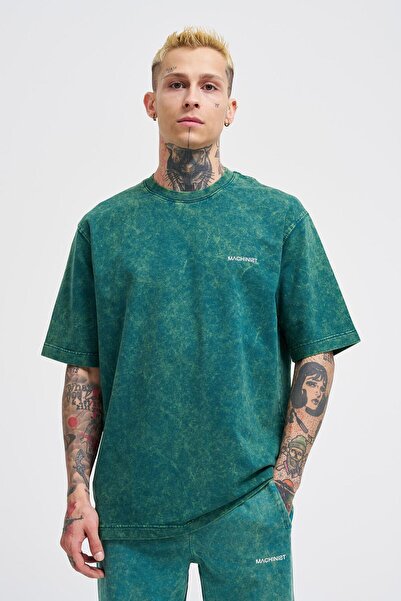 Machinist UNISEX Washed Basic T-Shirt - Ψηλό σχέδιο μπροστά, ασημί πράσινο και μεγάλο σποτ