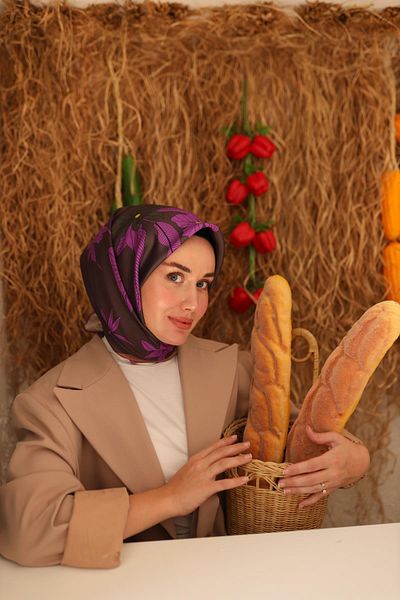 Silk Home وشاح حريري تيفيل بطبعة زهور أرجوانية مدخنة-11441-33-KVS0426