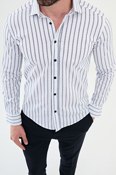 Mcr Ανδρικό πουκάμισο με ριγέ Slim Fit Λευκό - 27029.24K