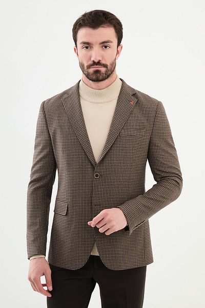 Mcr Checkered Slim Fit Mono Collar Men's Jacket Brown - 41413.24K