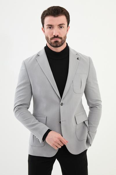Mcr Çizgili Slim Fit Torba Cep Mono Yaka Erkek Ceket Gri - 41416.24K