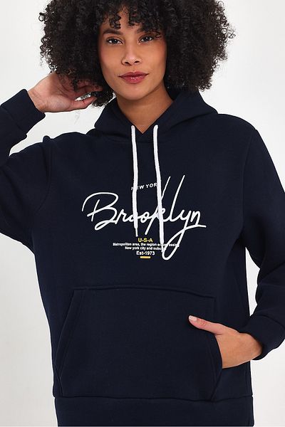 Superlife Γυναικεία κουκούλα Άνετη εφαρμογή Fleece με 3 νήματα Χειρόγραφη μπλούζα με στάμπα Brooklyn spr24swk16