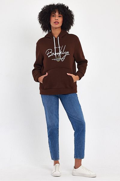 Superlife Γυναικεία κουκούλα Άνετη εφαρμογή Fleece με 3 νήματα Χειρόγραφη μπλούζα με στάμπα Brooklyn spr24swk16
