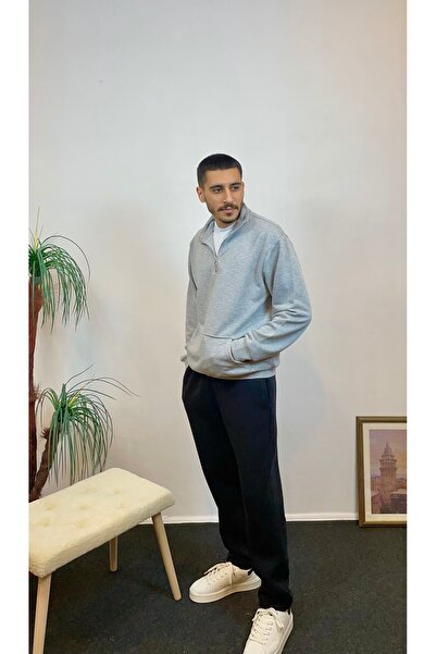 Superlife Ανδρικό φούτερ με μισό φερμουάρ με 3 κλωστές και τσέπη καγκουρό spr24sw22