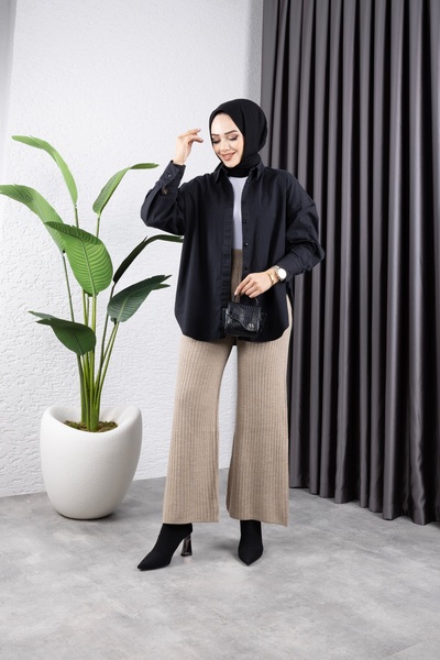 BLUEMOOR Γυναικείο πλεκτό παντελόνι με φαρδύ ριμπ ελαστικό