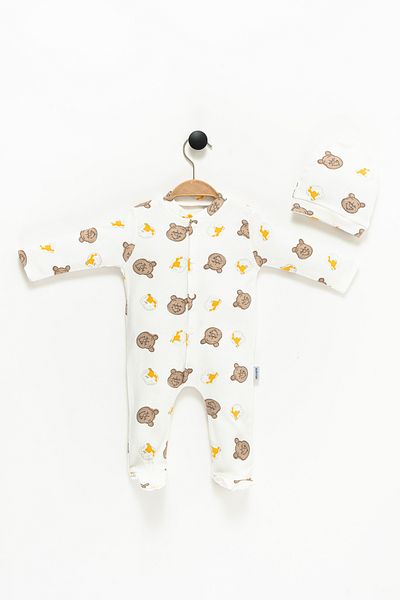 NEU KIDS 0-3 Months Hospital Release Newborn Baby Romper - Teddy Bear Printed, Cap, 100% Cotton 2-Piece Sleeping Set
