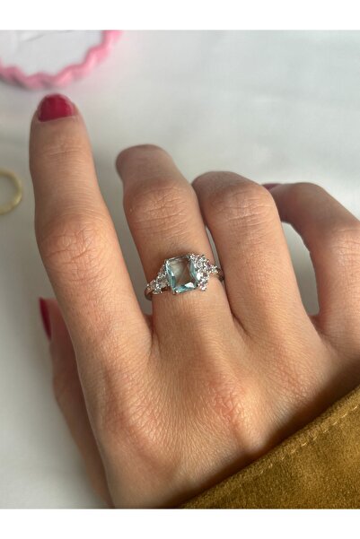 ringbox Silver Color Square Stone Ice Blue Ring