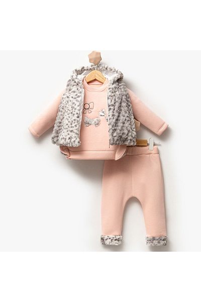 Hippıl Baby Baby Girl Triple Suit with Ribbon Hooded Plush Vest