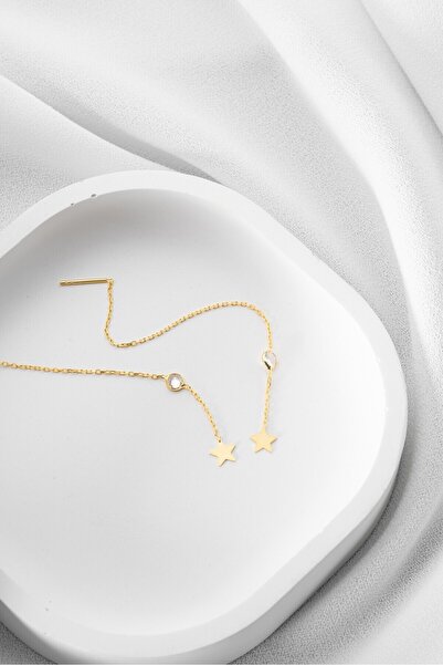 ESSARE 925 Ayar Gümüş Gold Kaplama Yuvarlak Taşlı Yıldız Detaylı Zincir Küpe